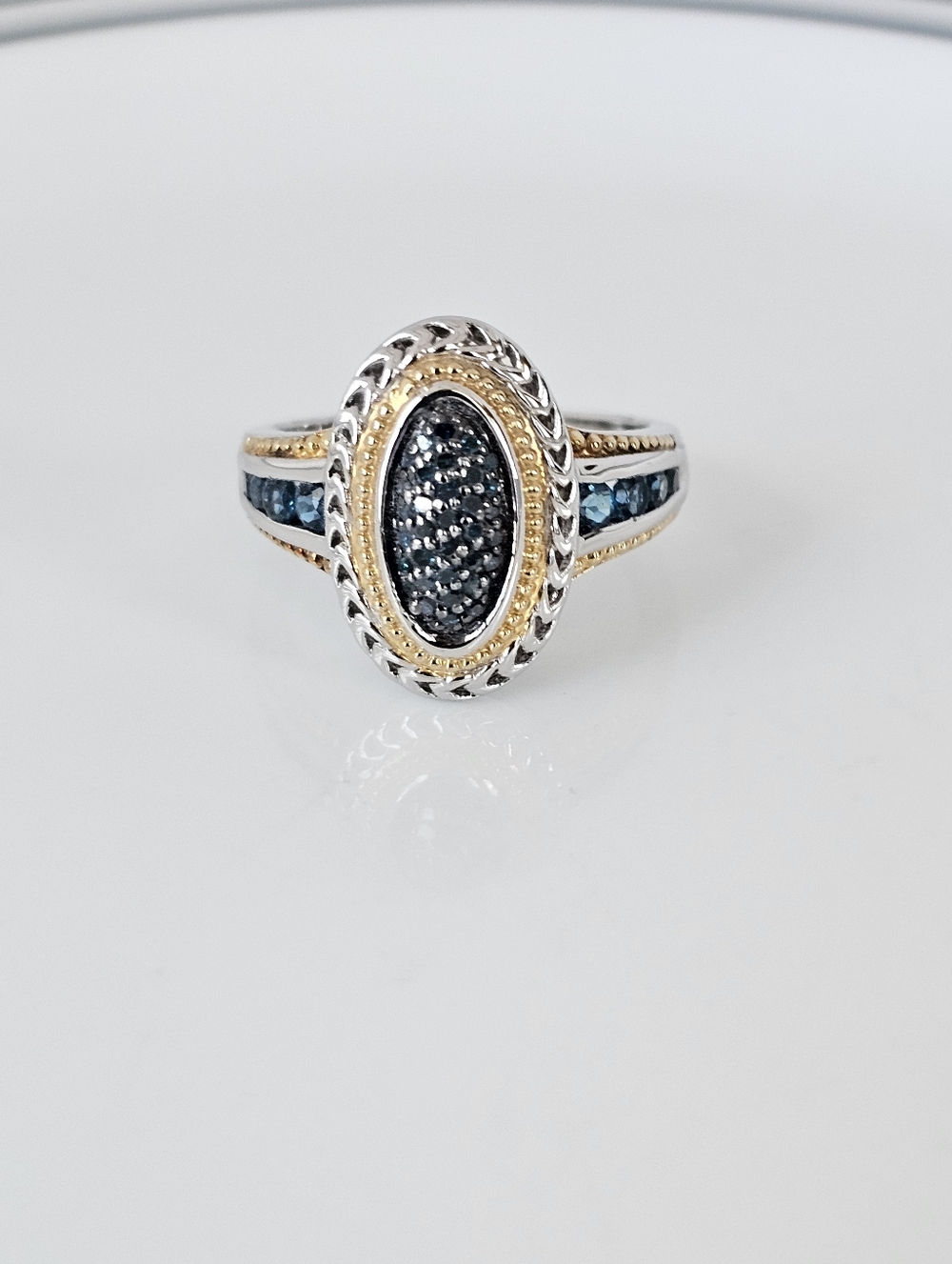 Victoria Wieck London Blue Topaz & Blue Diamond Ring Sterling Silver 18k Sz 8.5!